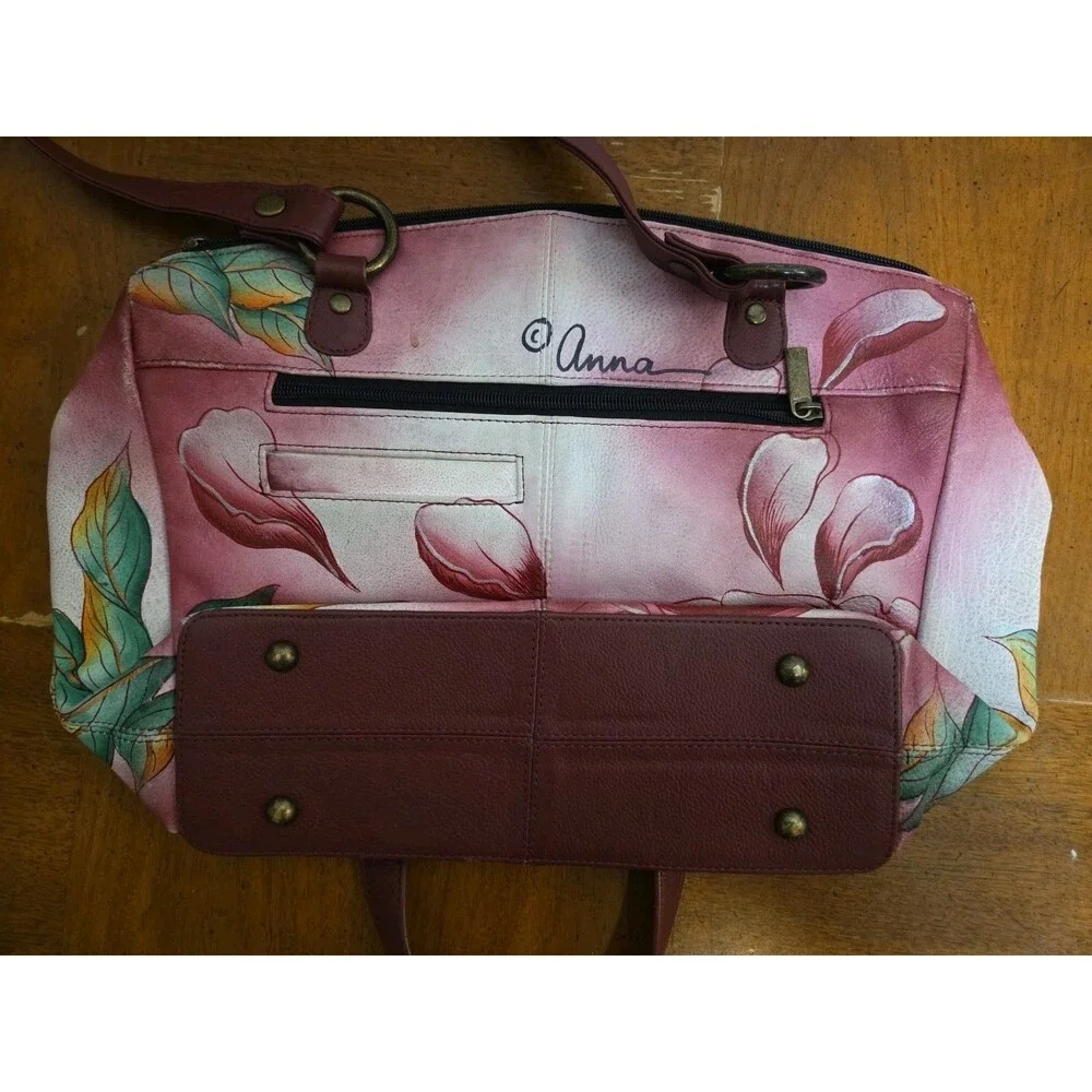 Anuschka Anna Hand Painted Leather Shoulder Bag Purse Precious Peony Pink Maroon